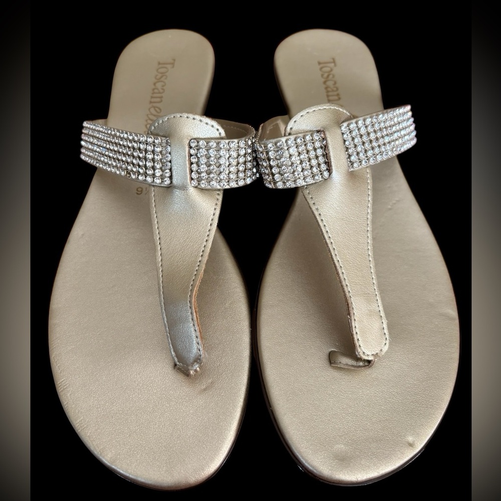 Toscanella Metallic Gold Rhinestones T-Strap Thong Sandals Women’s Size 9.5